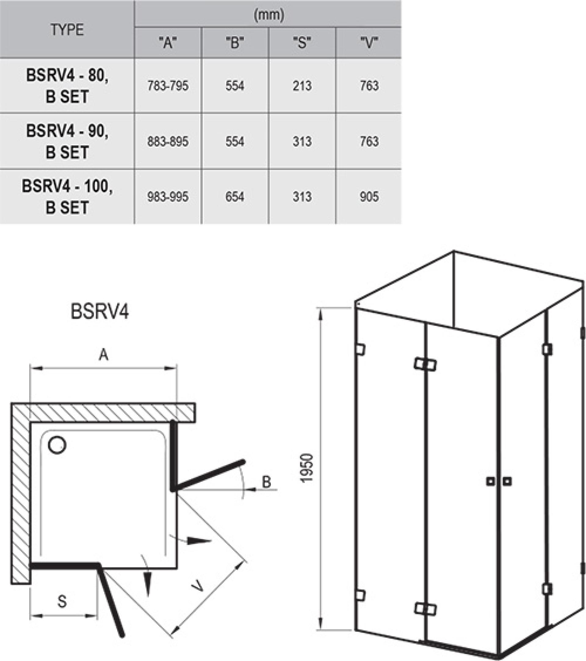 Душевой уголок Ravak Brilliant BSRV4-90 хром+транспарент 1UV77A00Z1 с креплением B SET D01000A073