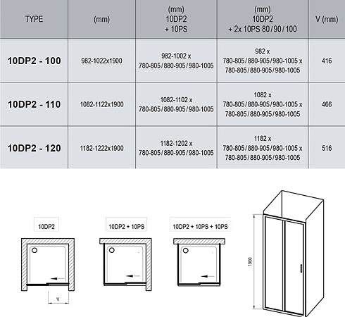 Душевой уголок Ravak 10° 10DP2-100+10PS-100 белый+транспарент